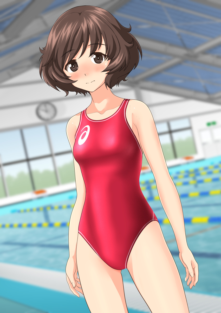 1girl absurdres akiyama_yukari arms_at_sides asics ass_visible_through_thighs bangs blurry blurry_background blush breasts brown_eyes brown_hair clothes_writing collarbone competition_swimsuit cowboy_shot depth_of_field embarrassed emblem eyebrows_visible_through_hair from_behind girls_und_panzer highres lane_line legs_apart logo looking_at_viewer multiple_views nose_blush one-piece_swimsuit pool poolside red_swimsuit shiny shiny_hair short_hair small_breasts standing swept_bangs swimsuit takafumi thighs water wavy_hair