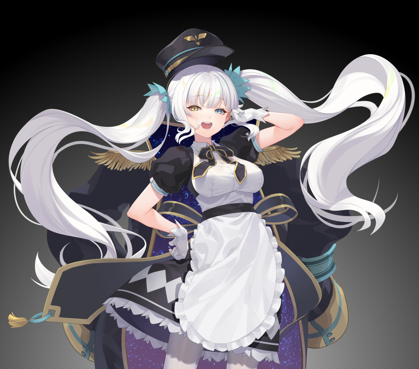 1girl :d absurdres apron bangs black_background black_bow black_coat black_dress black_headwear blue_eyes bow breasts coat coat_removed commentary_request dress epaulettes eyebrows_visible_through_hair frilled_apron frills frostcyco gloves gradient gradient_background grey_background hand_up hat heterochromia highres kagura_mea kagura_mea_channel large_breasts long_hair open_mouth pantyhose peaked_cap puffy_short_sleeves puffy_sleeves short_sleeves sidelocks smile solo standing twintails upper_teeth very_long_hair virtual_youtuber waist_apron white_apron white_gloves white_hair white_legwear yellow_eyes