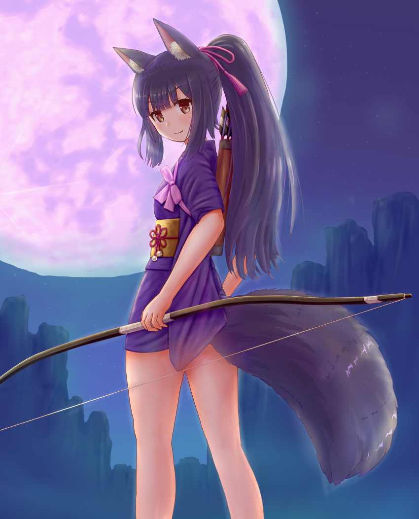 1girl absurdres animal_ears bow_(weapon) cliff fox_ears fox_girl fox_tail full_moon highres iroha_(iroha_matsurika) japanese_clothes kimono long_hair looking_at_viewer moon night ninja original ponytail quiver short_kimono sleeves_rolled_up smile tail weapon