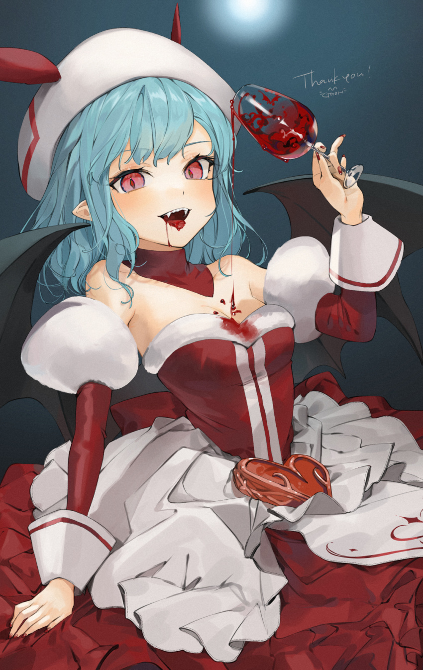 1girl alternate_costume bare_shoulders bat_wings blood blood_stain blue_hair commission cup detached_sleeves dress drinking_glass eyebrows_visible_through_hair fangs gotoh510 hat heart highres holding holding_cup looking_at_viewer medium_hair nail_polish open_mouth pointy_ears red_dress red_eyes red_nails remilia_scarlet sleeve_cuffs smile solo spilling strapless strapless_dress thank_you tongue tongue_out touhou vampire white_headwear wine_glass wings