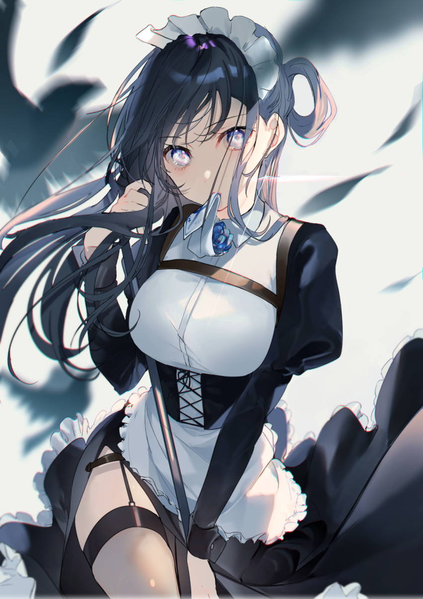 1girl adjusting_hair apron bangs bird black_dress black_hair blue_eyes blue_flower blue_rose breasts collared_shirt cowboy_shot dress facing_viewer feathers floating_hair flower frilled_dress frills garter_straps grey_background hair_behind_ear hair_rings highres holding large_breasts long_hair maid maid_headdress miwano_ragu mouth_hold necktie original puffy_sleeves raven_(animal) rose shirt silhouette simple_background solo staff thigh-highs thighs white_neckwear