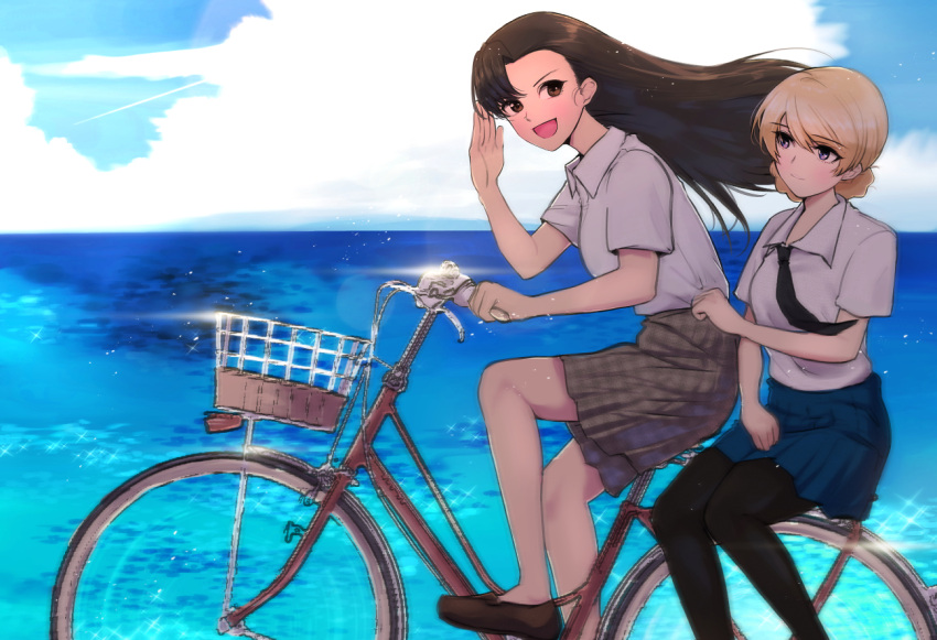 2girls asymmetrical_bangs bangs bicycle black_footwear black_legwear black_neckwear blonde_hair blue_eyes blue_skirt braid brown_eyes brown_hair brown_skirt closed_mouth clouds cloudy_sky commentary darjeeling_(girls_und_panzer) day dress_shirt girls_und_panzer ground_vehicle leaf light_smile loafers long_hair looking_at_another looking_at_viewer miniskirt mityubi multiple_girls multiple_riders necktie nishi_kinuyo ocean open_mouth outdoors pantyhose plaid plaid_skirt pleated_skirt revision riding salute school_uniform shirt shoes short_hair sidesaddle sitting skirt sky smile sparkle st._gloriana's_school_uniform tied_hair twin_braids twitter_username white_shirt