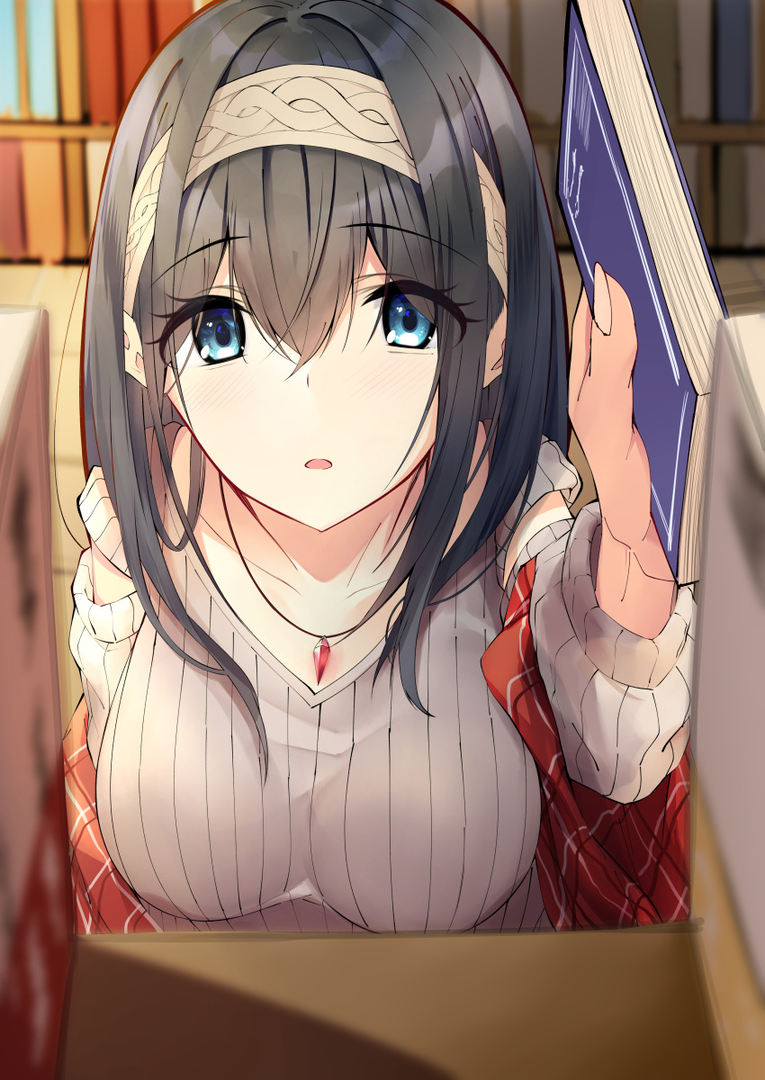 1girl absurdres black_hair blue_eyes blush book bookshelf breasts collarbone commentary_request grey_hairband hairband highres holding holding_book idolmaster idolmaster_cinderella_girls jewelry large_breasts long_hair looking_at_viewer megurumiru necklace plaid_shawl ribbed_sweater sagisawa_fumika solo sweater upper_body