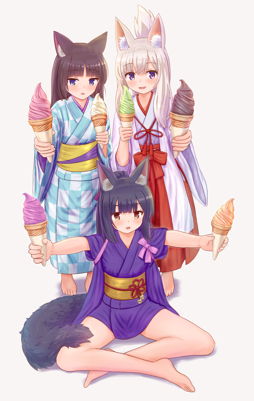 3girls :d absurdres animal_ear_fluff animal_ears barefoot black_hair blue_eyes blush brown_eyes brown_hair cat_ears checkered checkered_kimono commentary_request folded_ponytail food fox_ears fox_girl fox_tail grey_background hakama highres holding holding_food ice_cream ice_cream_cone iroha_(iroha_matsurika) japanese_clothes kimono long_hair long_sleeves miko multiple_girls obi open_mouth original outstretched_arms parted_lips purple_kimono red_hakama sash shadow short_sleeves silver_hair sitting smile soft_serve standing tail tasuki violet_eyes white_kimono wide_sleeves yukata