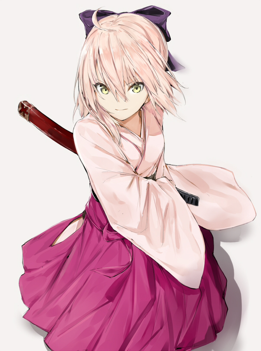 1girl absurdres ahoge bangs black_bow blonde_hair bow cherry_blossoms day fate/grand_order fate_(series) floating_hair hair_between_eyes hair_bow hakama highres japanese_clothes kimono koha-ace long_sleeves looking_at_viewer okita_souji_(fate) okita_souji_(fate)_(all) okita_souji_(koha/ace) outdoors petals pink_flower pink_kimono red_hakama shiny shiny_hair short_hair silver_(seaocean01251) smile solo standing wagashi wide_sleeves yellow_eyes