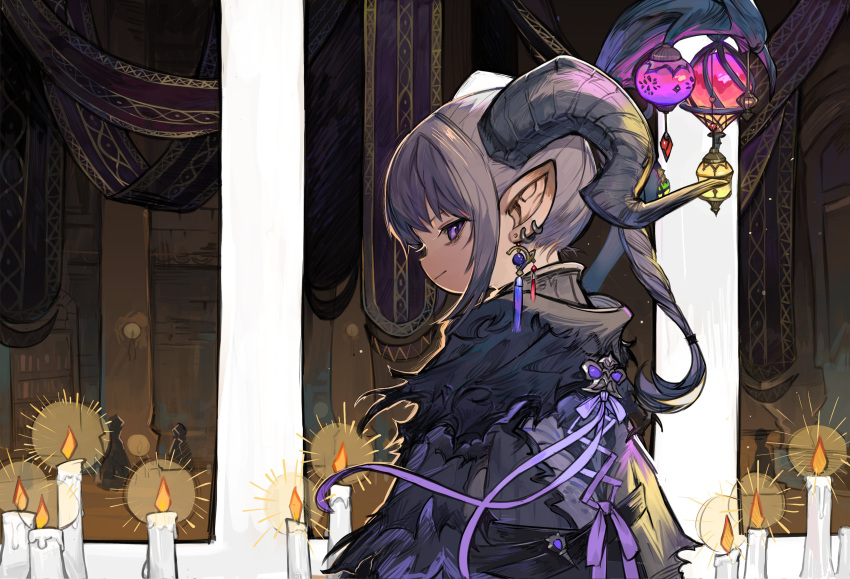 1girl absurdres candle closed_mouth earrings from_side grey_hair highres horns jewelry lantern long_hair looking_at_viewer original pointy_ears ponytail profile robe rosette_(yankaixuan) smile solo upper_body violet_eyes