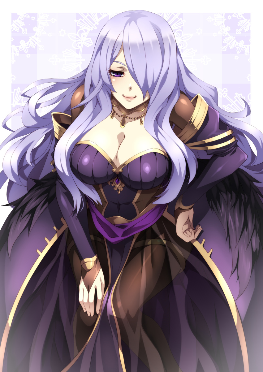 1girl absurdres alternate_costume balasdan breasts camilla_(fire_emblem) dress fire_emblem fire_emblem_fates fire_emblem_heroes hand_on_hip hand_on_lap highres jewelry large_breasts looking_at_viewer necklace purple_hair simple_background smile solo violet_eyes