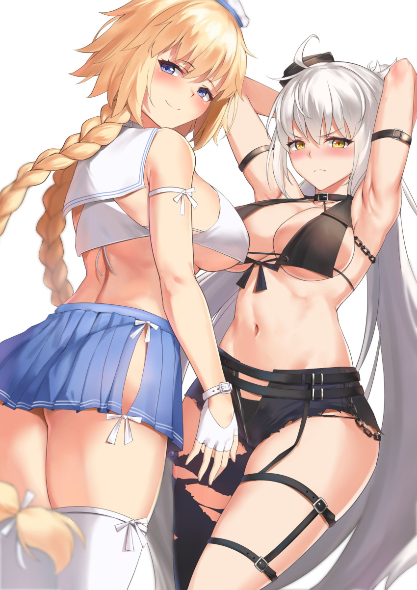 2girls absurdres arm_strap armpits arms_up ass asymmetrical_legwear bikini bikini_top black_eyebrows black_eyelashes blonde_hair blue_eyes blue_miniskirt blue_skirt blush braid braided_ponytail eyebrows eyebrows_visible_through_hair eyelashes eyes fate/grand_order fate_(series) feet_out_of_frame fingerless_gloves from_behind gloves hair hair_between_eyes hands_behind_head highres huge_breasts jeanne_d'arc_(alter)_(fate) jeanne_d'arc_(fate) jeanne_d'arc_(fate)_(all) legs legs_together long_hair midriff miniskirt multiple_girls mystery_treasure navel pleated_miniskirt pleated_skirt school_uniform serafuku side_slit_miniskirt side_slit_skirt sideboob skirt swimsuit thigh-highs thigh_strap thighs torn_clothes torn_legwear underboob very_long_hair viral1112 white_fingerless_gloves white_gloves white_hair white_thighhighs yellow_eyes zettai_ryouiki