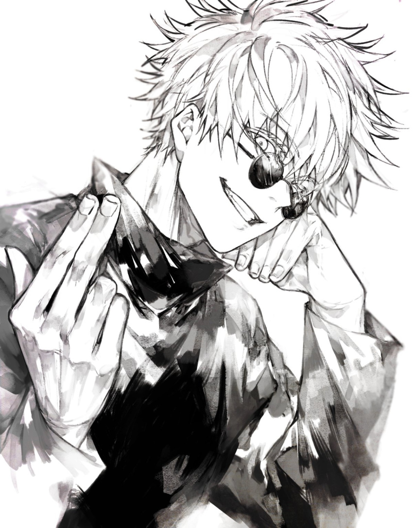 1boy beckoning copyright_request fingernails from_side glasses greyscale grin hand_up highres long_sleeves looking_at_viewer looking_to_the_side monochrome nail_polish round_eyewear shirt simple_background smile solo upper_body waltz_(tram) white_background