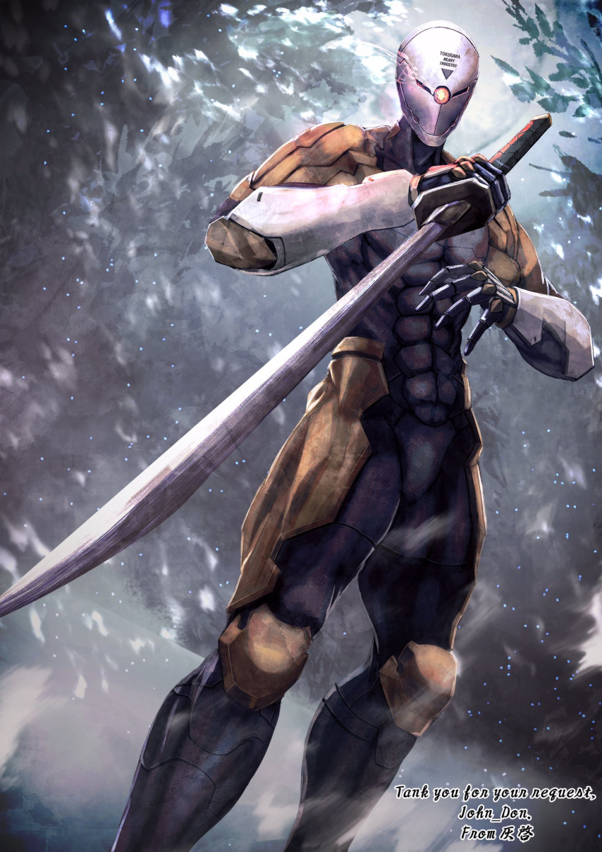 1boy abs armor artist_name commission cyborg english_text feet_out_of_frame glowing glowing_eye gray_fox haikei_(le_gris_no9) helmet highres holding holding_sword holding_weapon katana light_particles looking_at_viewer male_focus metal_gear_(series) metal_gear_solid ninja one-eyed open_hand outdoors pectorals red_eyes reverse_grip science_fiction skeb_commission solo standing sword typo weapon