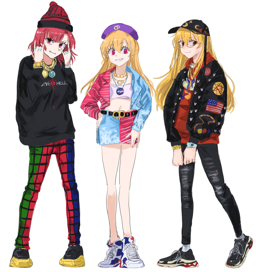 3girls artist_request belt black_headwear black_jacket black_legwear black_shirt blonde_hair bracelet casual closed_mouth clothes_writing clownpiece collar eyebrows_visible_through_hair eyelashes flag_print glasses hat hecatia_lapislazuli highres hood hoodie jacket jewelry junko_(touhou) long_hair midriff miniskirt multiple_girls nasa_logo navel open_mouth pants plaid plaid_pants purple_headwear red_eyes red_hoodie redhead ring shirt short_hair simple_background skirt smile sportswear touhou violet_eyes white_background white_shirt