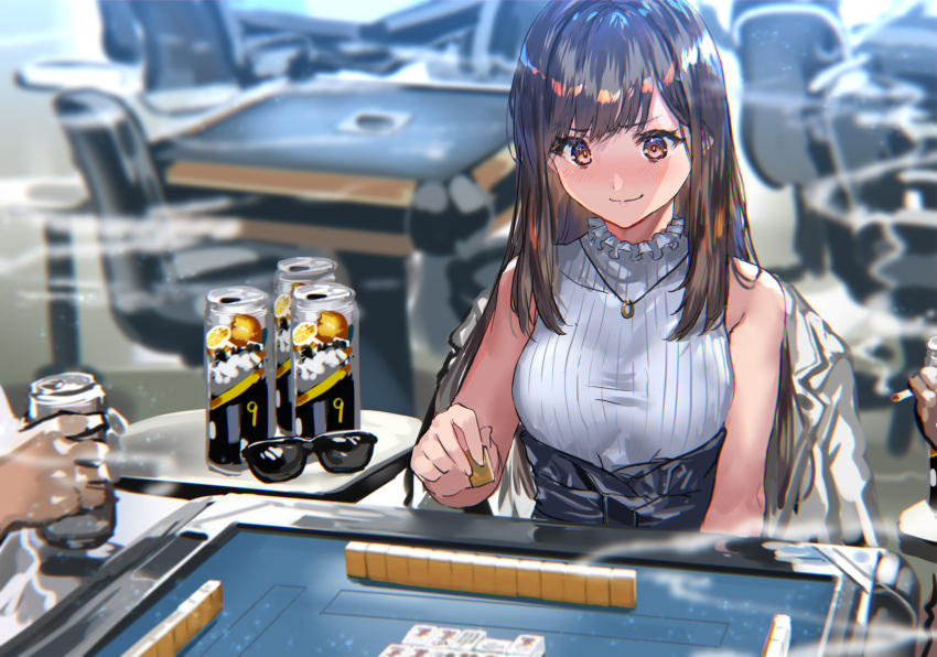 1girl beer_can blush breasts brown_eyes brown_hair can cigarrete collar drunk eyewear_removed frilled_collar frills highres holding indoors jacket jacket_removed jewelry mahjong mahjong_table mahjong_tile necklace original ran'ou_(tamago_no_kimi) sleeveless smoke strong_zero sunglasses