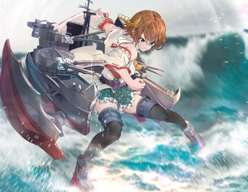 1girl bangs black_legwear blue_eyes blurry blurry_background brown_hair clenched_hand closed_mouth commentary day depth_of_field detached_sleeves diffraction_spikes fighting_stance gegeron greaves green_skirt grey_footwear grey_sky hairband headgear hiei_(kantai_collection) highres japanese_clothes kantai_collection looking_to_the_side miniskirt nontraditional_miko orange_hairband outdoors plaid plaid_skirt ribbon-trimmed_sleeves ribbon_trim rigging shirt short_hair skirt sleeveless sleeveless_shirt smirk solo splashing standing thigh-highs thigh_strap waves white_shirt white_sleeves