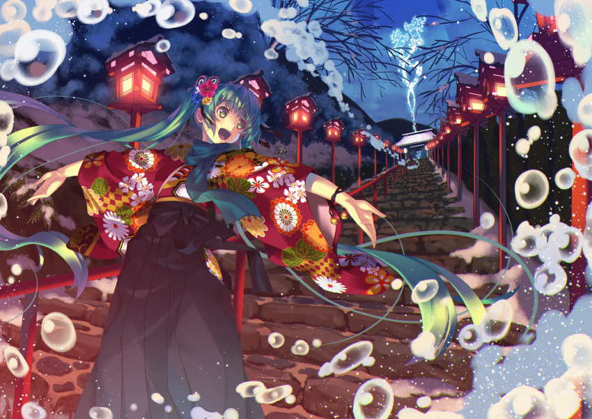 1girl aqua_hair bangs bracelet bubble cupe. energy english_commentary eyebrows_visible_through_hair floating_hair forest hatsune_miku highres japanese_clothes jewelry kimono kyoto leaning_back long_hair looking_at_viewer mixed-language_commentary nature open_hands open_mouth solo torii very_long_hair vocaloid wide_sleeves