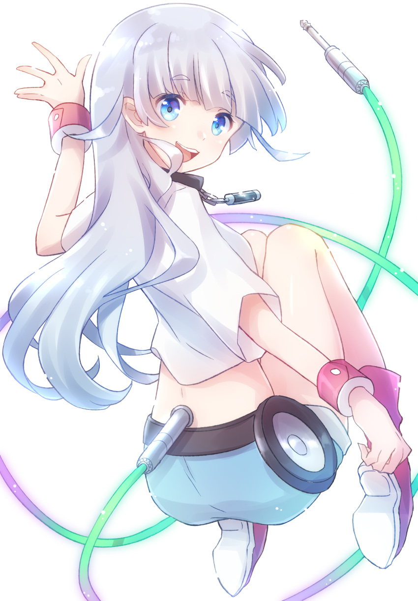 1girl absurdres bangs blue_eyes boots highres listeners long_hair looking_at_viewer looking_back midriff mu_(listeners) nyaa_(nnekoron) pink_footwear shirt shorts silver_hair simple_background smile solo speaker very_long_hair white_background white_shirt wristband