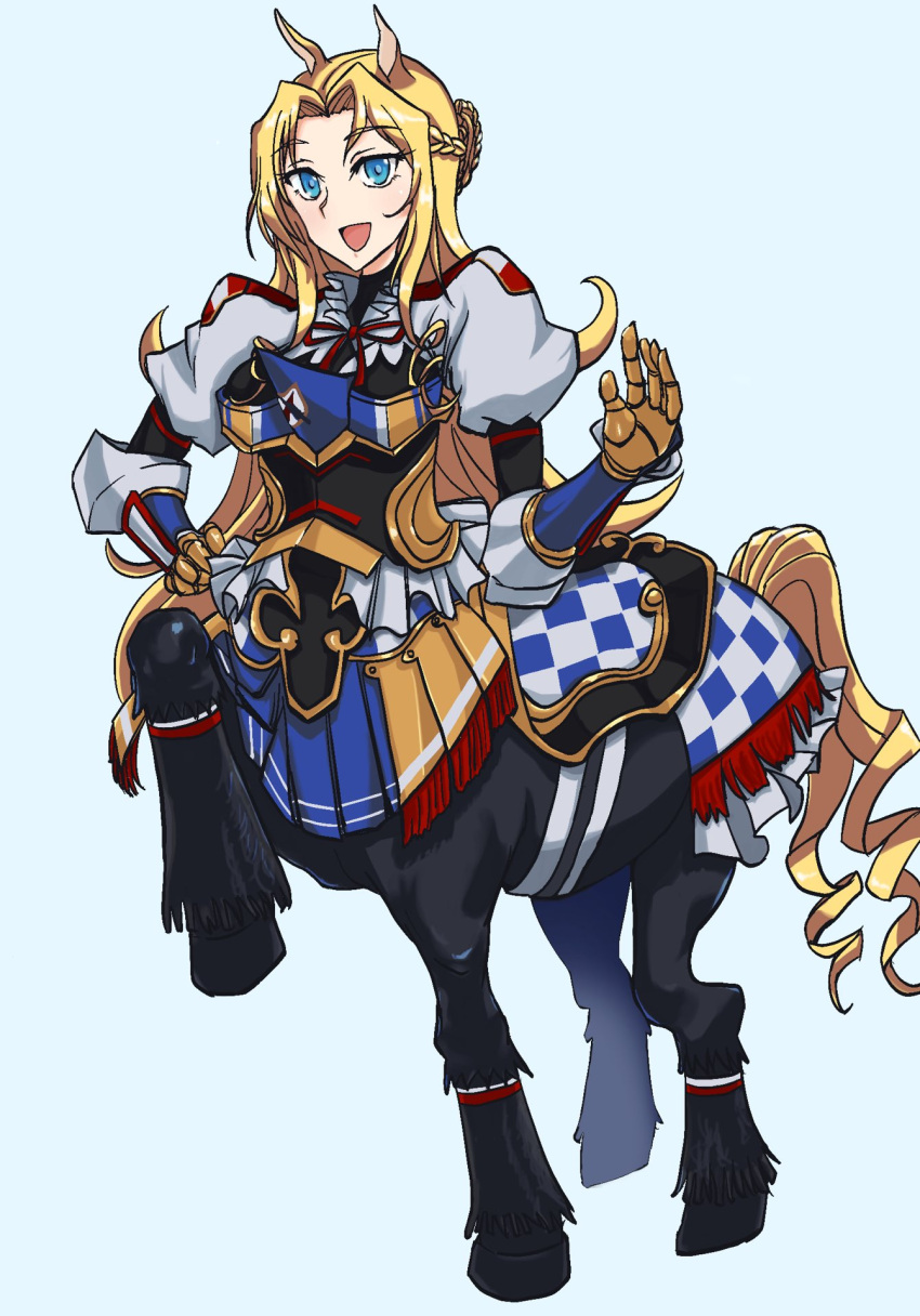 1girl :d animal_ears armor bangs black_bodysuit blonde_hair blue_background blue_eyes blue_skirt bodysuit braid breasts centaur checkered commentary_request drill_hair eyebrows_visible_through_hair french_braid full_body gauntlets hand_on_hip highres horse_ears horse_tail iyahon_no_gomu large_breasts long_hair looking_at_viewer monster_girl monster_musume_no_oisha-san neck_ribbon open_mouth parted_bangs procreate_(medium) puffy_short_sleeves puffy_sleeves red_neckwear ribbon saddle short_sleeves sidelocks simple_background skirt smile solo standing standing_on_three_legs tail tisalia_scythia