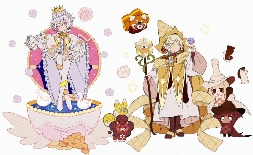 2boys 2others :d ballet bird bird_on_hand blonde_hair blue_eyes blush_stickers boots brown_footwear brown_headwear cape chess_choco_cookie chess_piece closed_mouth cookie_run cookiemals crown frilled_cape hakusai_(tiahszld) hat heterochromia leggings long_hair long_sleeves multiple_boys multiple_others pink_eyes pure_vanilla_cookie short_hair smile swan whipped_cream_cookie white_cape white_hair white_headwear white_legwear white_sleeves white_tunic wide_sleeves witch_hat yellow_eyes