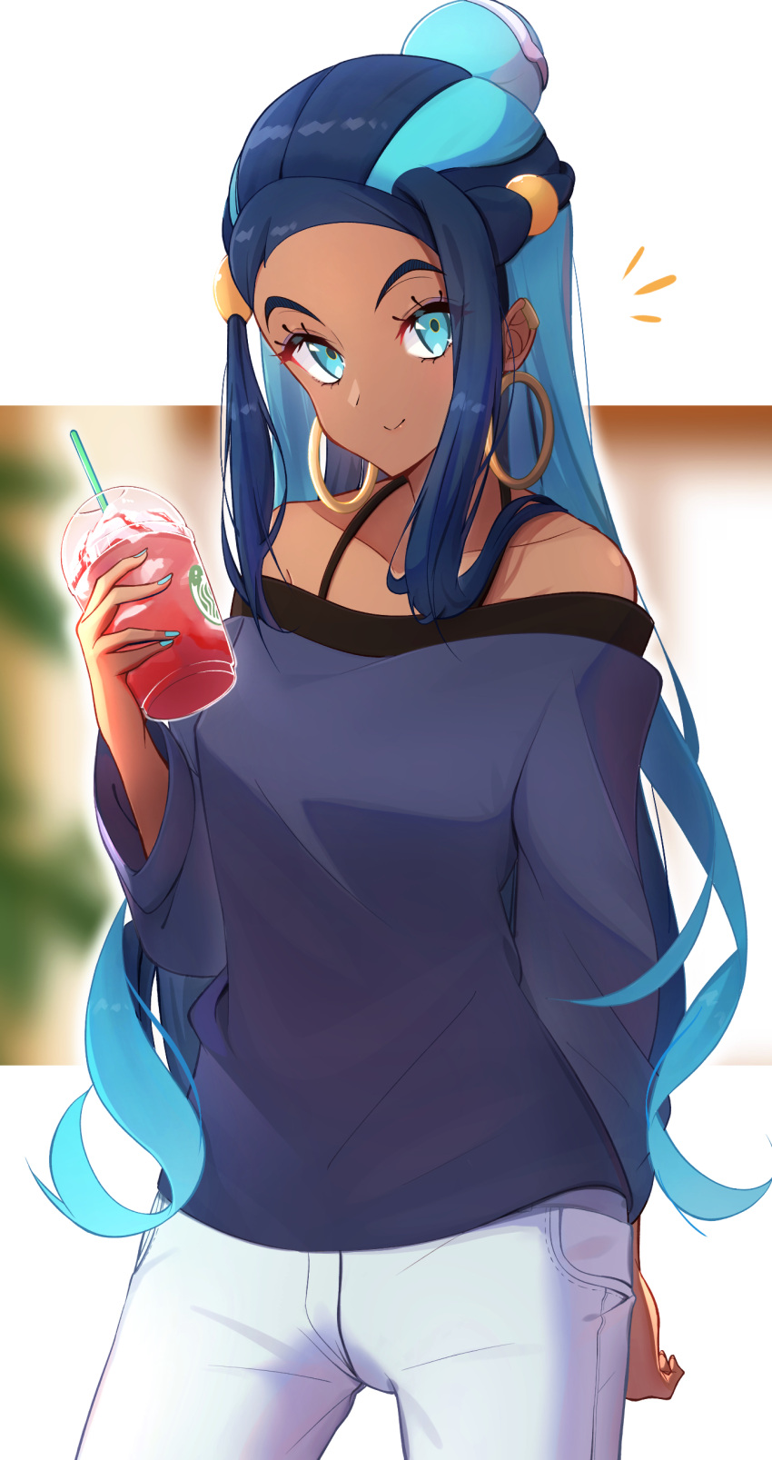 1girl absurdres aqua_eyes arm_behind_back casual cowboy_shot cup dark_skin dark-skinned_female disposable_cup earrings frappuccino gym_leader hair_bun highres holding holding_cup hoop_earrings jewelry long_hair multicolored_hair nail_polish nessa_(pokemon) off-shoulder_shirt off_shoulder pants pokemon pokemon_(game) pokemon_swsh shirt solo takom two-tone_hair white_pants