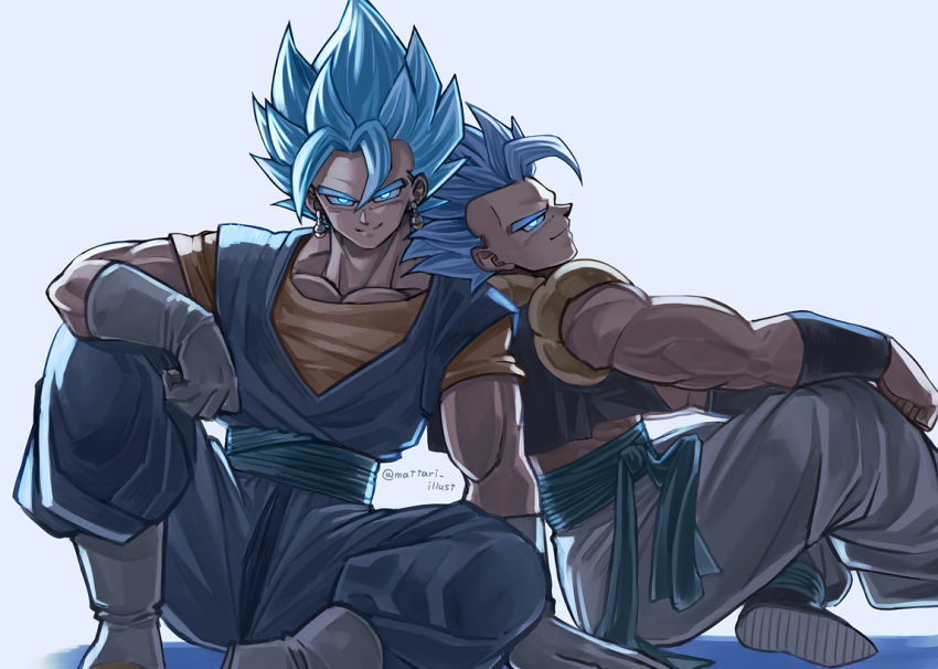 2boys aqua_eyes aqua_sash arm_support blonde_hair blue_sash boots closed_mouth dougi dragon_ball dragon_ball_super earrings gloves glowing glowing_eyes gogeta jewelry looking_at_viewer male_focus mattari_illust multiple_boys muscle pants potara_earrings sash sitting smile spiky_hair super_saiyan super_saiyan_blue twitter_username vegetto white_gloves white_pants