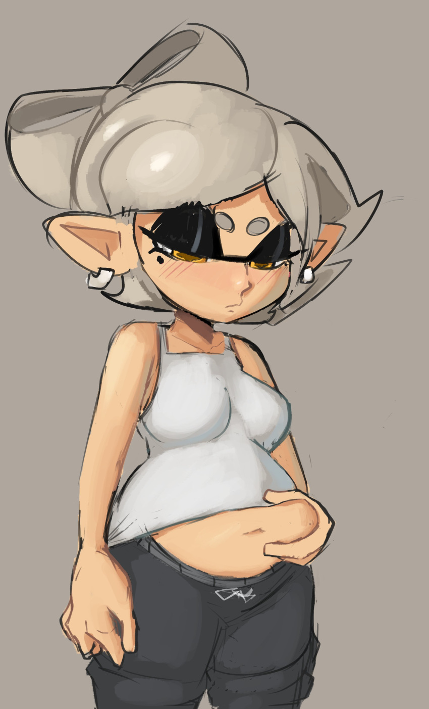 absurdres bare_shoulders belly belly_grab blush breasts earrings grey_background highres hotaru_(splatoon) jewelry justdavefnd looking_down plump pointy_ears shirt silver_hair simple_background splatoon_(series) weight_conscious white_shirt