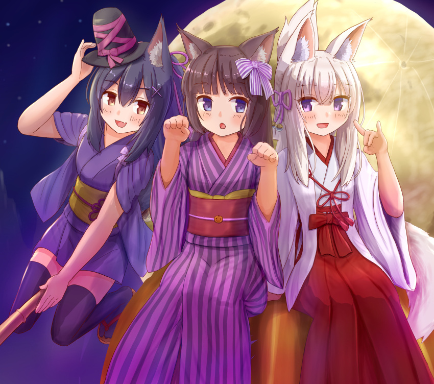 3girls :d :o absurdres animal_ear_fluff animal_ears arm_up bangs black_hair black_headwear blue_eyes blush bow broom broom_riding brown_eyes brown_hair cat_ears commentary_request eyebrows_visible_through_hair fang fox_ears fox_girl fox_shadow_puppet fox_tail full_moon hair_between_eyes hair_bow hair_ornament hairclip hakama halloween hand_on_headwear hand_up hands_up hat highres iroha_(iroha_matsurika) japanese_clothes kimono long_hair long_sleeves looking_at_viewer miko mini_hat moon multiple_girls obi open_mouth original pumpkin purple_kimono red_hakama sash short_sleeves silver_hair sitting smile striped striped_bow striped_kimono tail tasuki vertical-striped_kimono vertical_stripes violet_eyes white_kimono wide_sleeves x_hair_ornament