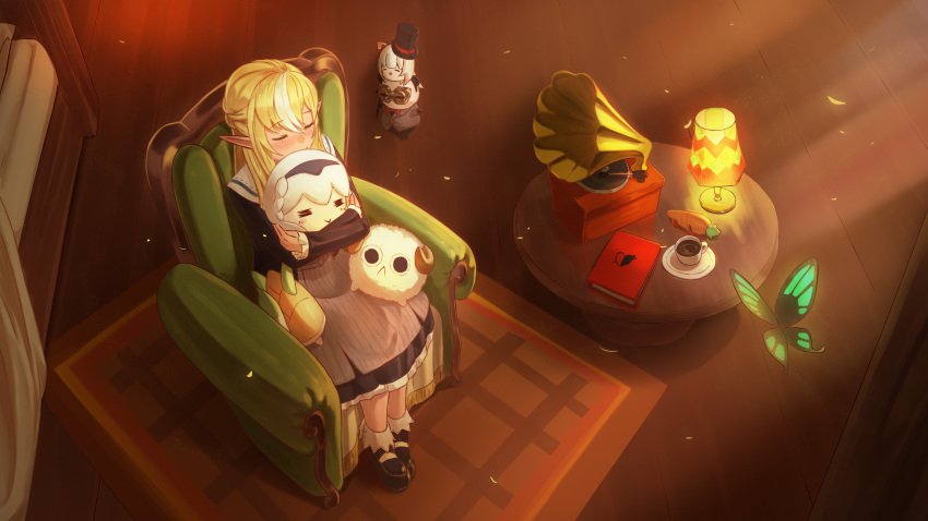 1girl bangs blonde_hair blush book bug butterfly carpet carrot chair closed_eyes commentary_request cup elf eyebrows_visible_through_hair hair_between_eyes haow highres holding holding_stuffed_toy hololive indoors insect kintsuba_(shiranui_flare) lamp light_rays long_sleeves oruyanke_(shirakami_fubuki) pointy_ears shiranui_flare sidelocks sitting stuffed_toy table teacup virtual_youtuber wooden_floor