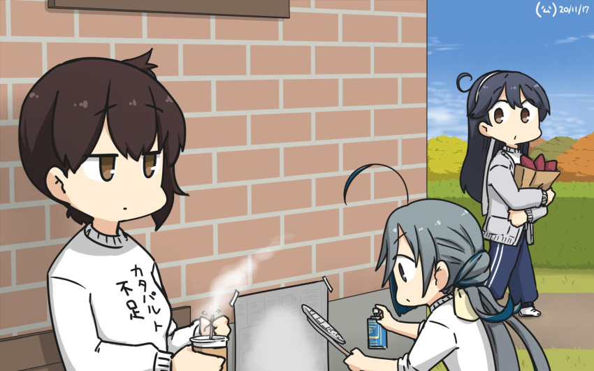 3girls ahoge alternate_costume bag bench black_hair blue_pants blue_sky brick_wall brown_eyes clothes_writing clouds commentary_request cup dated day disposable_cup food grey_eyes grey_hair hair_between_eyes hair_bun hamu_koutarou highres kaga_(kantai_collection) kantai_collection kiyoshimo_(kantai_collection) long_hair low_twintails multiple_girls outdoors pants paper_bag side_ponytail sky spray_can sweater sweet_potato track_pants translation_request twintails ushio_(kantai_collection) white_sweater