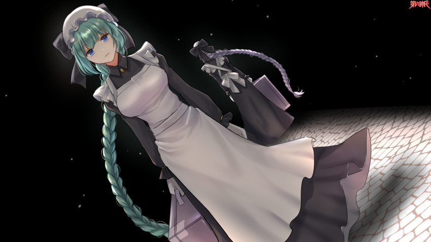 2girls amata_primus arms_at_sides black_background black_bow blue_eyes bow braid breasts dairoku_youhei dutch_angle gloves green_hair grey_hair hair_bow hat highres kusunokinawate long_hair long_sleeves looking_at_viewer luggage maid medium_breasts mob_cap multiple_girls official_art simple_background standing utility_kernel very_long_hair watermark white_gloves