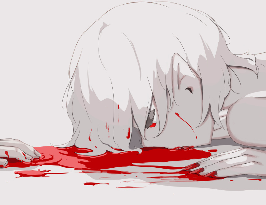 1boy 1other absurdres albino avogado6 blood fingernails french_commentary highres implied_death licking_blood male_focus original pale_skin pointy_ears red_eyes simple_background solo_focus tongue tongue_out vampire white_background white_hair white_skin