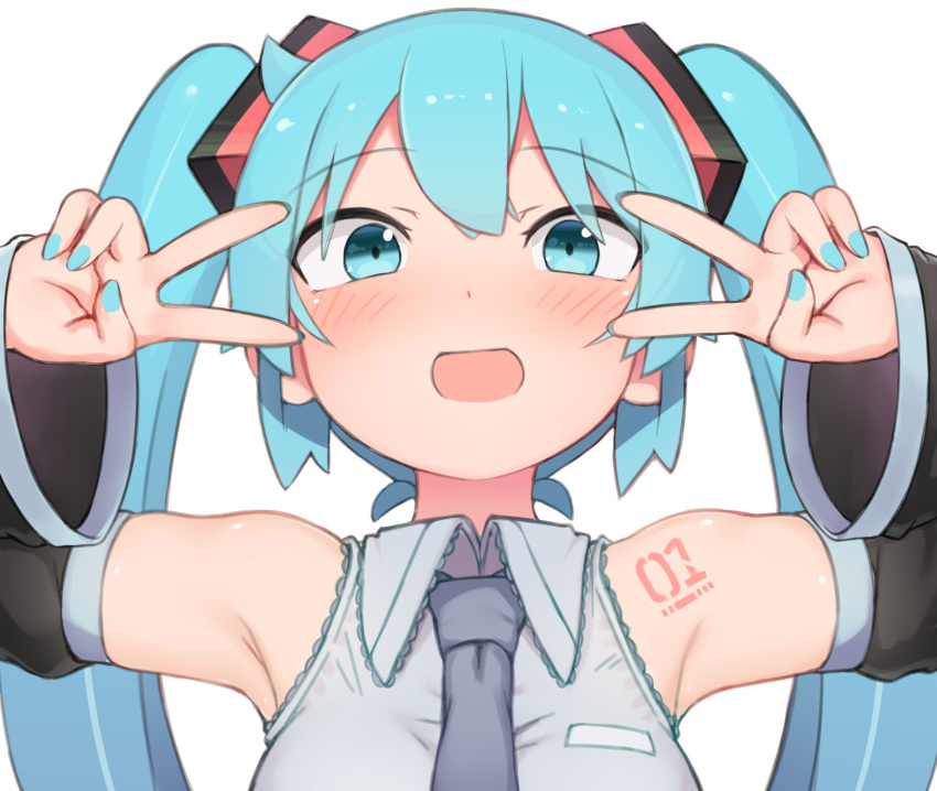 1girl :d abmayo aqua_eyes aqua_hair armpits bare_shoulders black_sleeves blue_neckwear blush commentary_request detached_sleeves double_v emotional_engine_-_full_drive fate/grand_order fate_(series) grey_shirt hair_ornament hands_up hatsune_miku highres long_hair looking_at_viewer necktie open_mouth shirt shoulder_tattoo simple_background sleeveless sleeveless_shirt smile solo sparkle sunburst sunburst_background sweat tattoo twintails upper_body v v-shaped_eyebrows vocaloid white_background