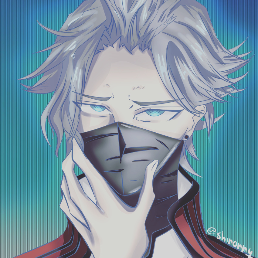 absurdres akudama_drive artist_name blue_background blue_eyes earrings grey_hair hand_up highres jewelry looking_at_viewer male_focus mask master_(akudama_drive) messy_hair shinonny stud_earrings upper_body
