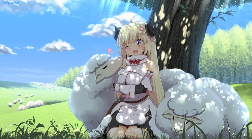1girl ahoge blonde_hair blue_sky blush breasts clouds cloudy_sky commentary_request detached_sleeves dress eyebrows_visible_through_hair grass hair_between_eyes hair_ornament hairclip heart highres hololive horns long_hair looking_at_another medium_breasts mizunashi_(second_run) one_eye_closed open_mouth shadow sheep sheep_girl sheep_horns sitting sky tree tsunomaki_watame violet_eyes virtual_youtuber wariza white_dress