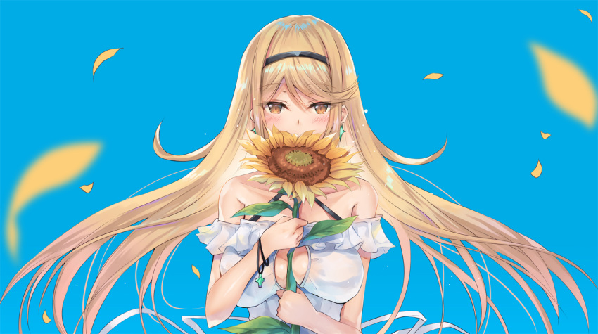 1girl alternate_hairstyle armor between_breasts blonde_hair blush breasts butt_crack cleavage_cutout clothing_cutout dress earrings hinot jewelry large_breasts long_hair mythra_(xenoblade) solo tiara xenoblade_chronicles_(series) xenoblade_chronicles_2 yellow_eyes