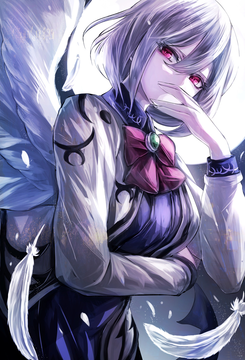 1girl absurdres arm_under_breasts bangs bob_cut bow bowtie brooch collared_shirt commentary_request covered_mouth covering_mouth cowboy_shot dress dutch_angle feathered_wings feathers full_moon hair_between_eyes hand_over_own_mouth hand_up highres jan_(lightdragoon) jewelry kishin_sagume light_particles looking_at_viewer moon purple_dress red_bow red_eyes red_neckwear shirt short_hair sidelocks single_wing solo touhou white_dress white_hair white_wings wing_collar wings