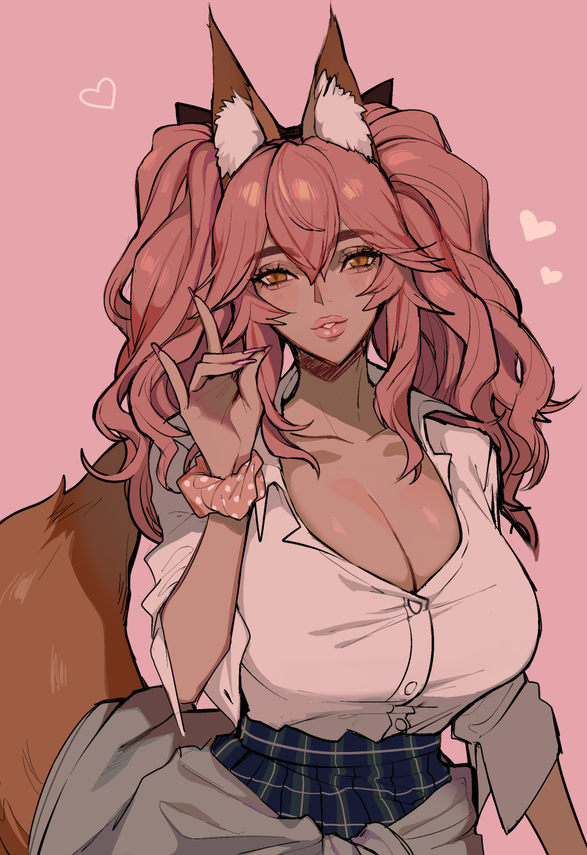 1girl \m/ absurdres alternate_breast_size alternate_skin_color animal_ear_fluff animal_ears bangs breasts brown_eyes collared_shirt dark_skin english_commentary ennuigrl fate/extella fate/extra fate_(series) fox_ears fox_tail hair_between_eyes hair_tie heart highres huge_breasts looking_at_viewer official_alternate_costume open_clothes open_shirt parted_lips pink_background pink_hair plaid plaid_skirt school_uniform shirt skirt solo tail tamamo_(fate)_(all) tamamo_jk_(fate) tamamo_no_mae_(fate) tan thick_lips twintails wavy_hair