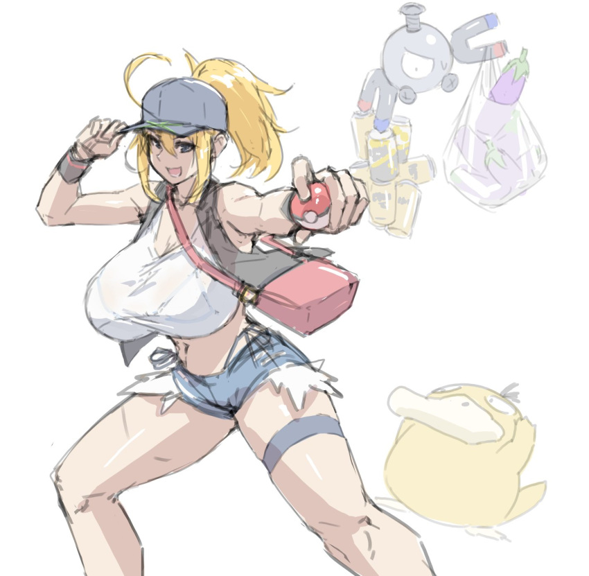 1girl ahoge artoria_pendragon_(all) bag bangs baseball_cap beer_can black_vest blonde_hair blue_eyes blue_headwear blush breasts can cosplay cutoffs denim denim_shorts eggplant eu03 fate/grand_order fate_(series) gen_1_pokemon grocery_bag hair_between_eyes hair_through_headwear hat highres hilda_(pokemon) hilda_(pokemon)_(cosplay) large_breasts long_hair looking_at_viewer magnemite mysterious_heroine_xx_(foreigner) navel open_mouth pokemon pokemon_(game) pokemon_bw ponytail psyduck shirt shopping_bag short_shorts shorts sidelocks simple_background sleeveless sleeveless_shirt smile tank_top vest white_background white_shirt