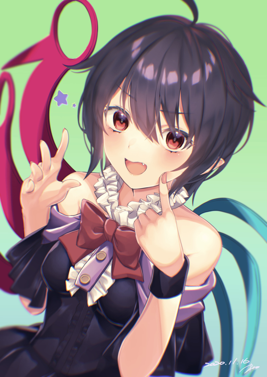 1girl adapted_costume ahoge asymmetrical_wings bare_shoulders black_hair blurry blush bow bowtie breasts buttons commentary_request dated dress dutch_angle eyebrows_visible_through_hair fang finger_to_cheek fingernails gradient gradient_background green_background hair_between_eyes highres houjuu_nue kisamu_(ksmz) looking_at_viewer medium_breasts off-shoulder_dress off_shoulder open_mouth pointy_ears red_bow red_eyes short_hair signature simple_background solo star_(symbol) touhou v-shaped_eyebrows wings wristband