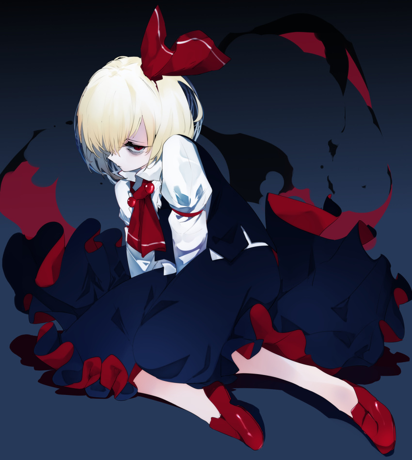1girl bags_under_eyes black_skirt black_vest blonde_hair commentary_request cravat darkness full_body gradient gradient_background hair_ribbon highres ikurauni long_sleeves looking_at_viewer red_eyes red_footwear red_neckwear red_ribbon ribbon rumia shirt shoes short_hair sitting skirt solo touhou two-sided_fabric two-sided_skirt vest white_shirt yokozuwari