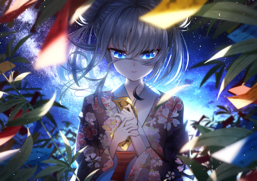 1girl bangs blue_eyes blue_sky blurry_foreground closed_mouth cluseller commentary_request double_bun eyebrows_visible_through_hair flat_chest floral_print grey_hair hands_together hands_up happy holding japanese_clothes kimono long_hair long_sleeves night night_sky obi original outdoors paper sash shiny shiny_hair sky smile solo star_(sky) starry_sky tied_hair upper_body