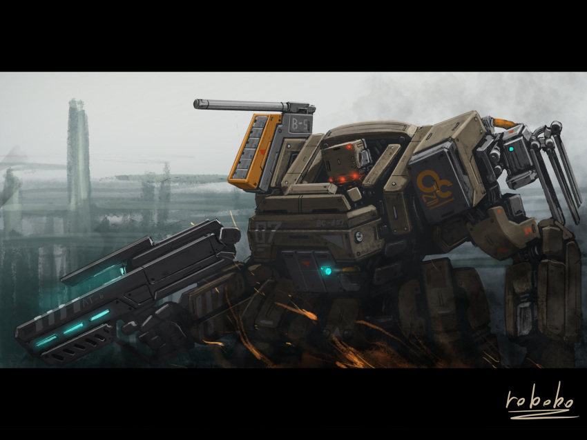 bottoms1237 extra_eyes gun highres holding holding_gun holding_weapon looking_at_viewer mecha missile_pod no_humans original red_eyes science_fiction shoulder_cannon solo sparks weapon