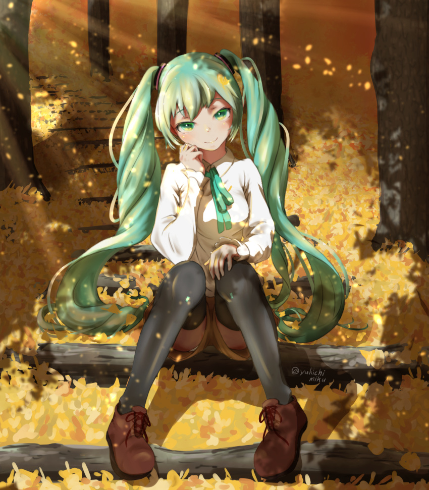 1girl aqua_eyes aqua_hair aqua_neckwear autumn_leaves boots brown_shorts cheek_rest commentary forest hair_ornament hatsune_miku hatsune_miku_(nt) highres log long_hair long_sleeves looking_at_viewer nature neck_ribbon outdoors piapro ribbon shirt shorts sitting smile solo stairs thigh-highs tree twintails twitter_username very_long_hair vocaloid white_shirt yu-ame