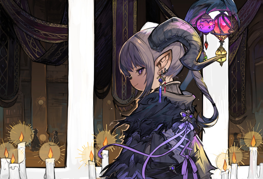 1girl absurdres black_mage candle closed_mouth earrings final_fantasy final_fantasy_xiv from_side grey_hair highres horns jewelry lalafell lantern long_hair looking_at_viewer original pointy_ears ponytail profile robe rosette_(yankaixuan) smile solo upper_body violet_eyes