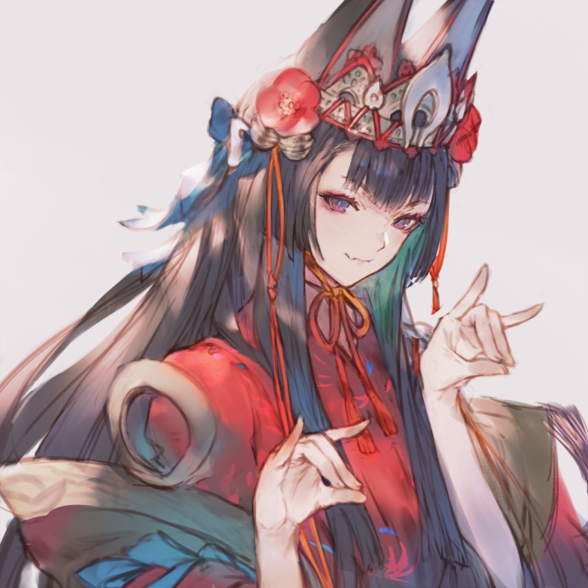 1girl black_hair blue_bow bow character_request copyright_request crown dress flower fox_shadow_puppet grey_background hair_bow hair_flower hair_ornament highres long_hair looking_at_viewer n.a. red_dress red_flower simple_background solo violet_eyes