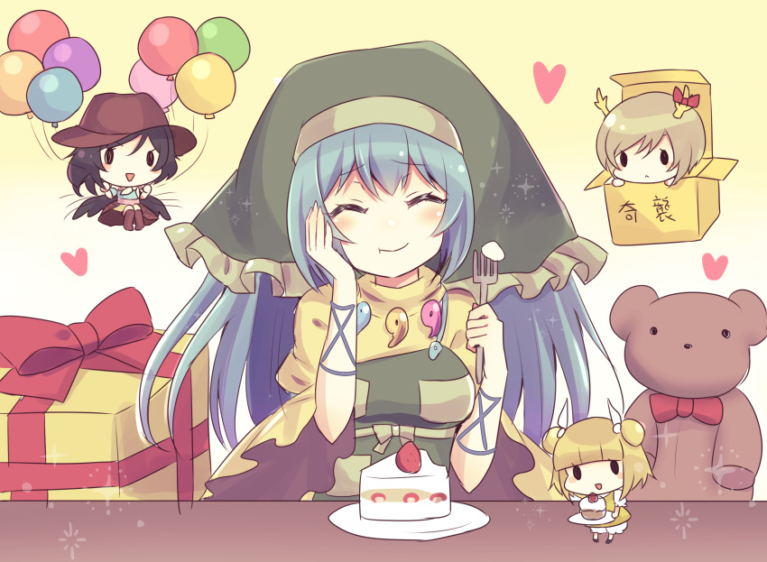 4girls :&lt; :d apron balloon bangs black_hair black_wings blonde_hair blue_hair blush blush_stickers box breasts brown_skirt cake chibi closed_eyes cowboy_hat double_bun dragon_horns dress eating eyebrows_visible_through_hair floating food fork fruit gift gradient gradient_background hand_on_own_cheek haniyasushin_keiki hat head_scarf heart highres holding holding_fork horn_ornament horn_ribbon horns in_box in_container joutouguu_mayumi kicchou_yachie kurokoma_saki long_hair magatama_necklace medium_breasts multiple_girls open_mouth ribbon shirt short_hair simple_background sitting skirt smile sparkle strawberry stuffed_animal stuffed_toy subaru_(subachoco) swept_bangs symbol_commentary table teddy_bear touhou turtleneck wide_sleeves wings yellow_background yellow_dress yellow_shirt