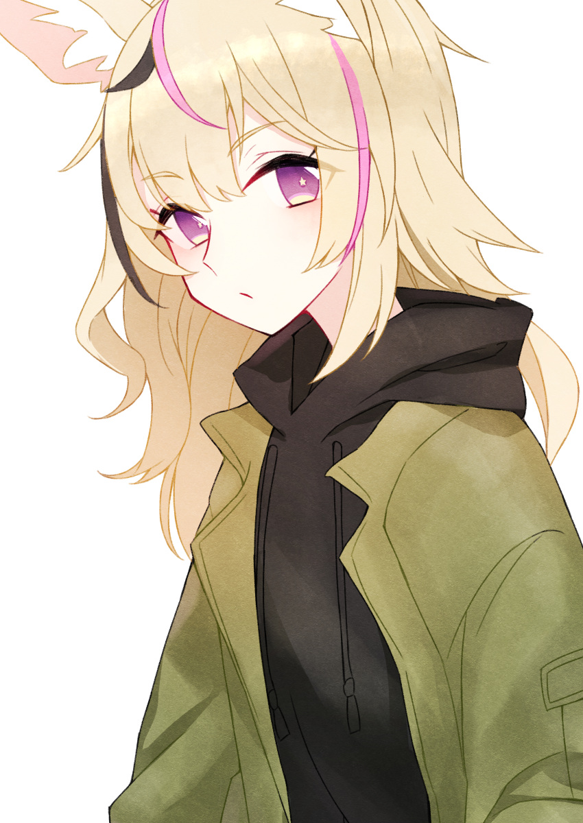 1girl absurdres alternate_costume animal_ear_fluff animal_ears black_hoodie blonde_hair casual expressionless fox_ears fox_girl green_jacket highres hololive hood hoodie jacket long_hair looking_at_viewer looking_to_the_side multicolored_hair neru_(flareuptf1) omaru_polka pink_hair solo streaked_hair violet_eyes virtual_youtuber white_background