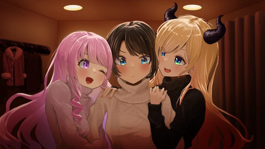 3girls absurdres blonde_hair blue_eyes blush bob_cut breasts brown_hair can_lights casual clothes_hanger coat curtains demon_horns dim_lighting drill_hair drill_locks fingernails fur-trimmed_coat fur_trim gradient_hair highres himemori_luna holding_another's_arm hololive horns indoors large_breasts long_hair looking_at_another multicolored_hair multiple_girls nail_polish one_eye_closed oozora_subaru open_mouth pink_eyes pink_hair pink_nails red_curtains redhead sl10_d small_breasts sweater turtleneck turtleneck_sweater upper_body very_long_hair virtual_youtuber winter_clothes winter_coat yuri yuzuki_choco