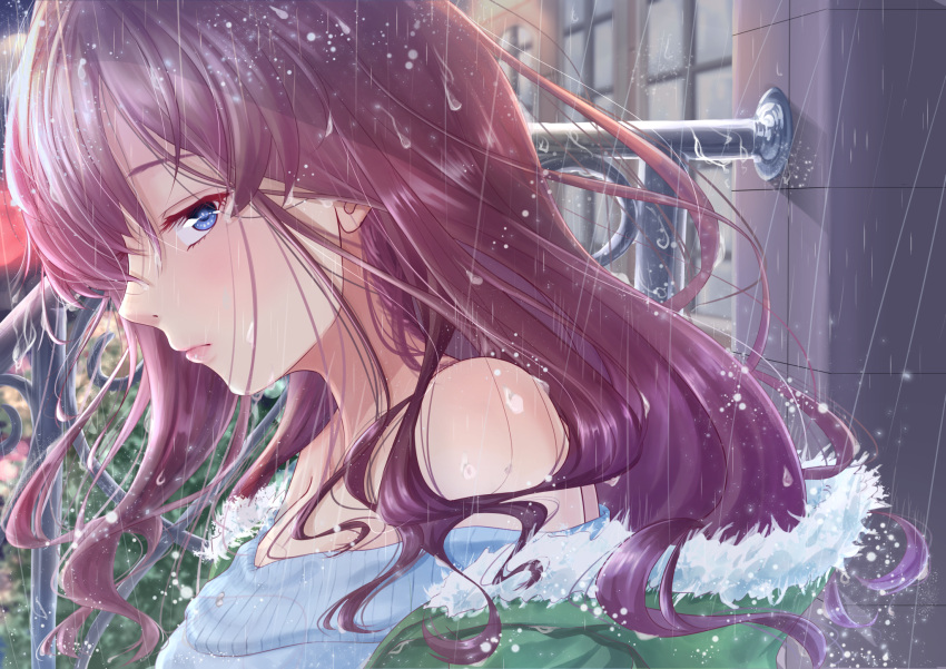1girl bare_shoulders blue_eyes blue_sweater blush brown_hair commentary_request fur-trimmed_jacket fur_trim green_jacket hair_between_eyes highres ichinose_shiki idolmaster idolmaster_cinderella_girls idolmaster_cinderella_girls_starlight_stage jacket long_hair looking_at_viewer rain solo strapless sweater tks-nb_(iorin-rinn) upper_body