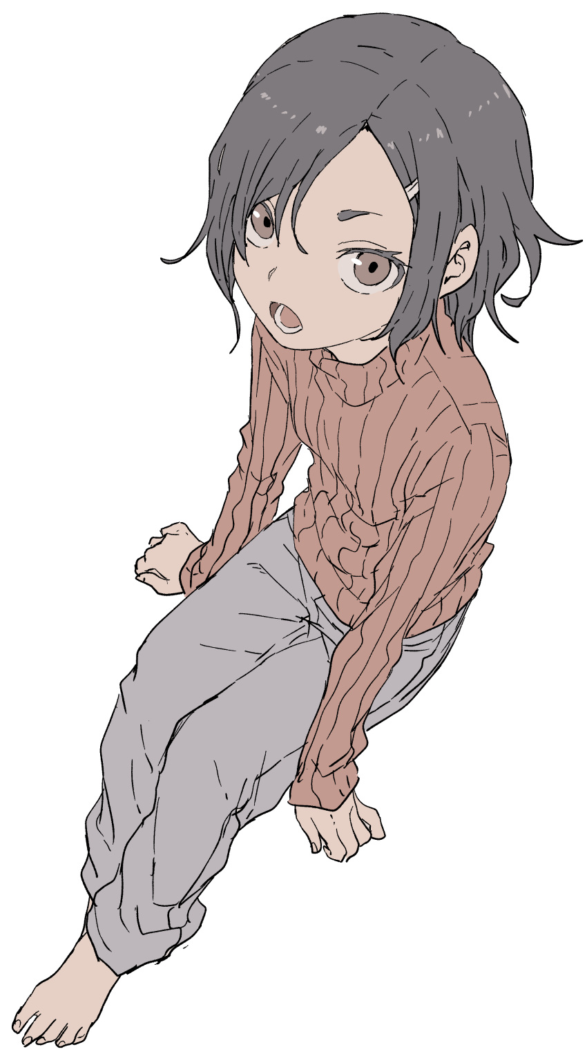 1girl absurdres bangs barefoot black_hair brown_eyes brown_sweater commentary_request dark_skin from_above full_body grey_pants hair_ornament hairclip highres long_sleeves original pants parted_bangs ribbed_sweater simple_background sitting sleeves_past_wrists solo sweater turtleneck turtleneck_sweater white_background yamamoto_souichirou