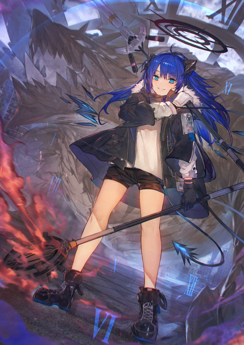 1girl absurdres arknights bangs bare_legs black_footwear black_gloves black_jacket black_shirt black_shorts blue_eyes blue_hair boots commentary dual_wielding eyebrows_visible_through_hair gloves grin halo highres holding holding_staff horns huge_filesize jacket long_hair long_sleeves looking_at_viewer mostima_(arknights) open_clothes open_jacket originium_arts_(arknights) roman_numerals shirt short_shorts shorts smile solo staff standing takeno_(hashi_falcon) thighs white_gloves white_shirt
