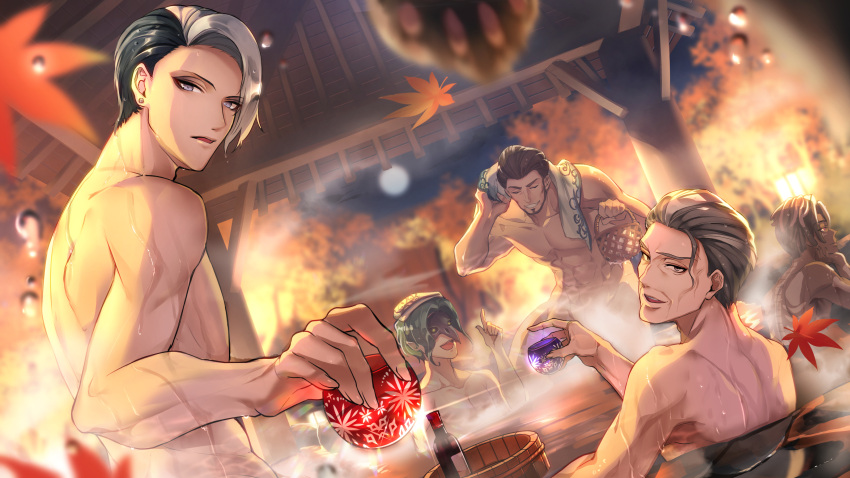 5boys :d absurdres alcohol autumn_leaves bangs beard brown_hair character_request commentary_request divus_crewel ear_piercing eye_mask facial_hair falling_leaves glowing glowing_eyes grey_hair hand_up highres holding index_finger_raised leaf looking_at_viewer male_focus multiple_boys night nude onsen open_mouth outdoors pectorals piercing sake short_hair smile teeth towel twisted_wonderland water wet white_hair yuduki_(tt-yuduki)